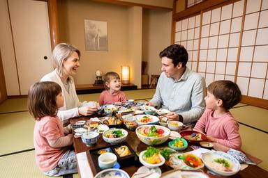 子連れ旅行者向けの個室和食——座敷の落ち着いた空間で家族が食卓を囲む