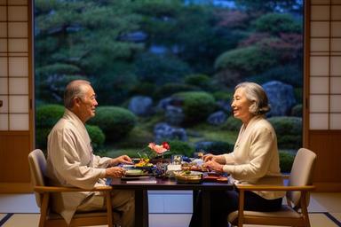 高齢旅行者向け——庭を望む落ち着いた料亭の個室で、ゆったりとした夕食を